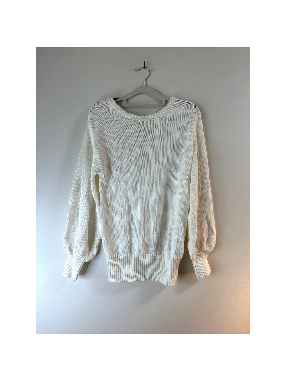 Womens S Ivory Cream Knit Sweater Balloon Sleeve Cotton Blend Pullover
